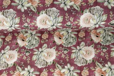 Preview: 1,00 m French Terry angeraut Rose & Echeveria auf Jeansoptik Beere